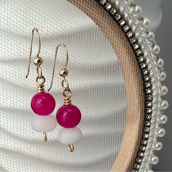 Bright Pink White & Gold Beaded Earrings - Picture 12 of 12